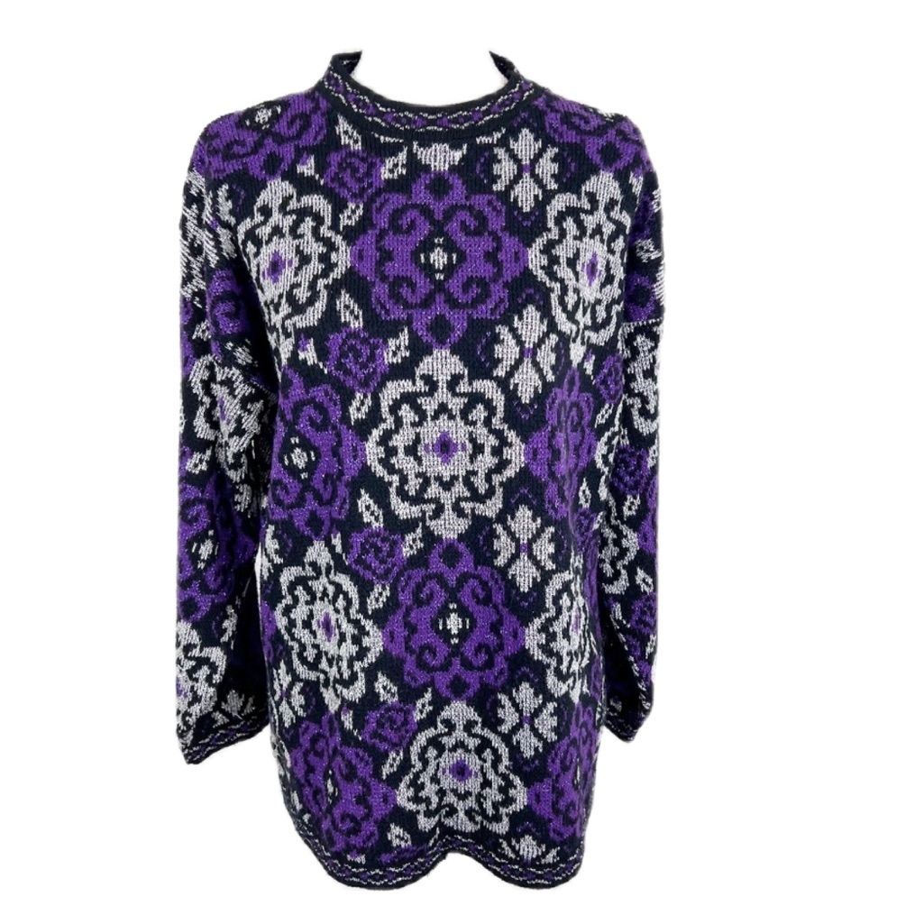 Unbranded Sweater Women Large Purple Silver Paisley Sparkly Pullover Holiday Top